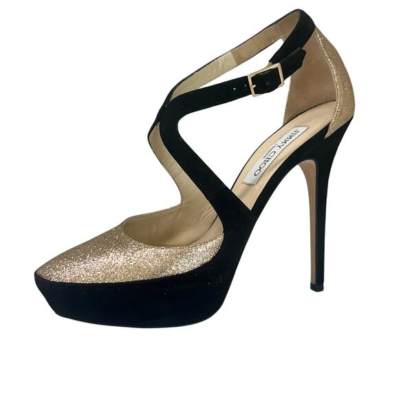 Jimmy Choo Black Suede & Gold Glitter Platform Pumps IT 39.5 US 9.5 - Picture 2 of 10
